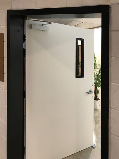 Fire-rated doors — Single fire door with view panel - door open
